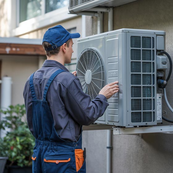 HVAC technician in blue cap and overalls servicing an outdoor air conditioning condenser unit, Pinnacle client case study