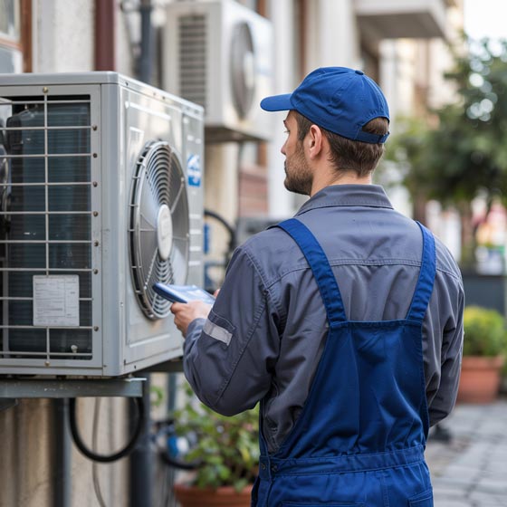 HVAC service technician inspecting an outdoor condenser with clipboard, shown in Pinnacle client case studies