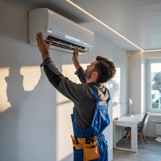 HVAC technician installing a wall-mounted air conditioning unit indoors, featured in Pinnacle client case studies