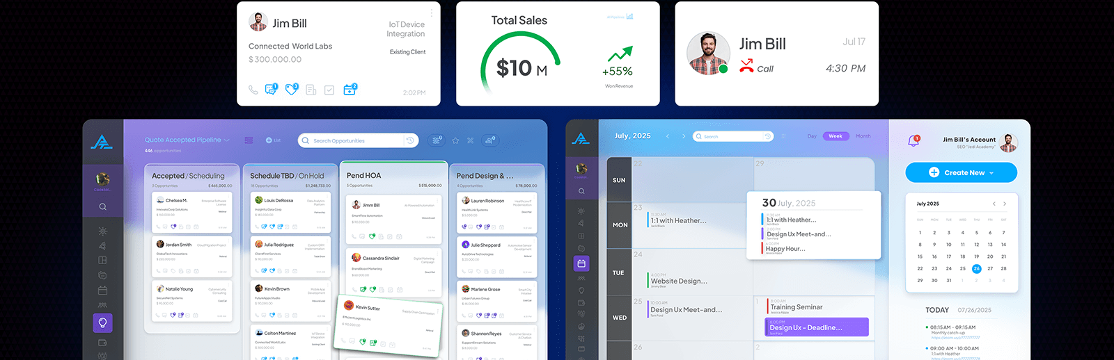 Pinnacle CRM dashboard for Jacksonville digital marketing showing sales pipeline cards, $10M total sales, and contact scheduling