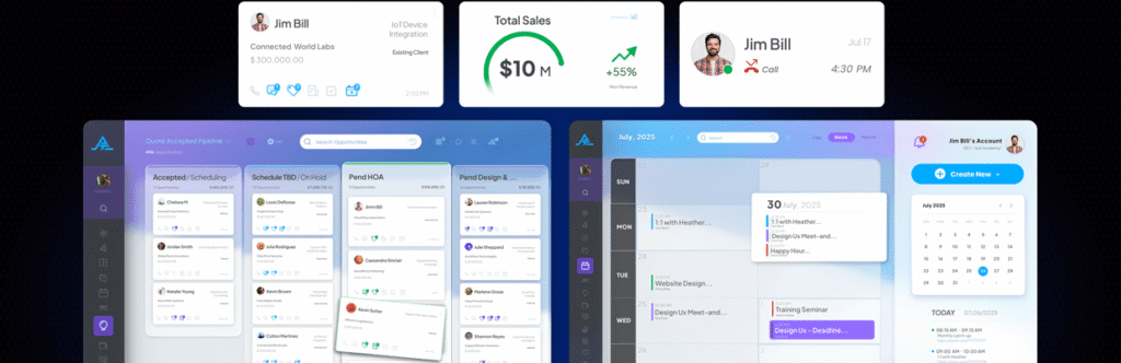 Pinnacle CRM Jacksonville digital marketing dashboard with Kanban lead pipeline, sales stats, and appointment calendar view