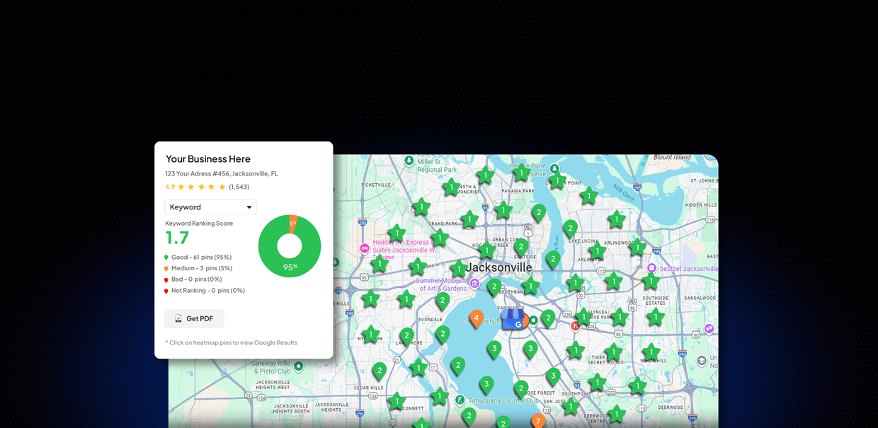 CRM dashboard with deal pipeline stages, total sales $10M, and client acquisition cards for Jacksonville digital marketing