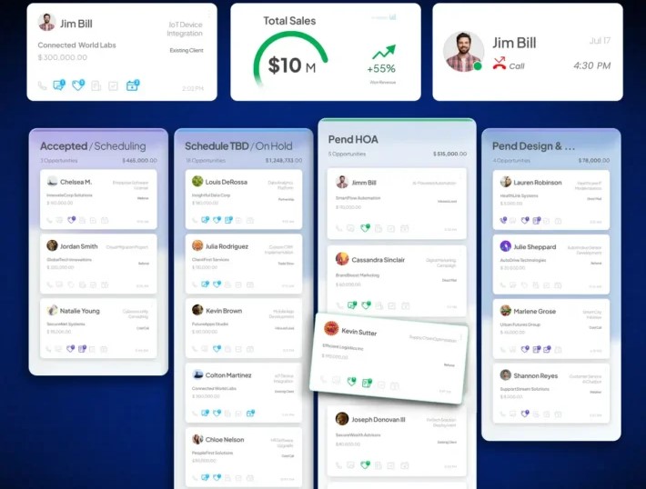 Pinnacle CRM mobile view showing lead pipeline stages, $10M total sales metric, and Jacksonville digital marketing opportunity cards