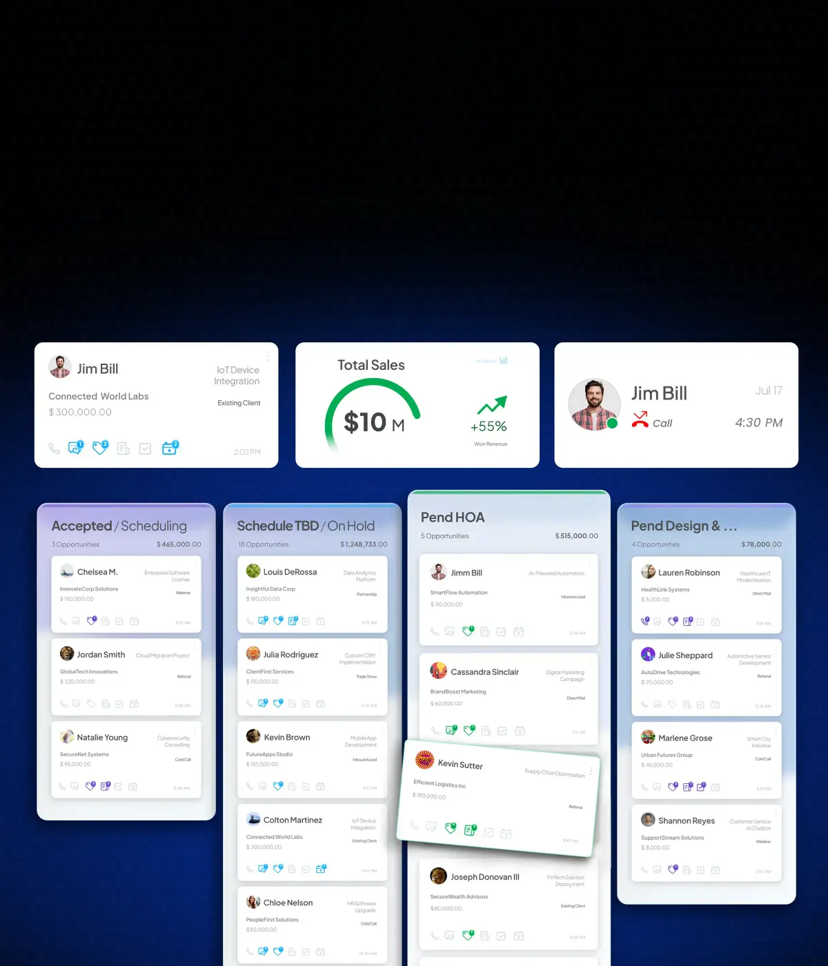 Mobile CRM view showing deal pipeline cards, total sales widget, and contact tiles for Jacksonville digital marketing