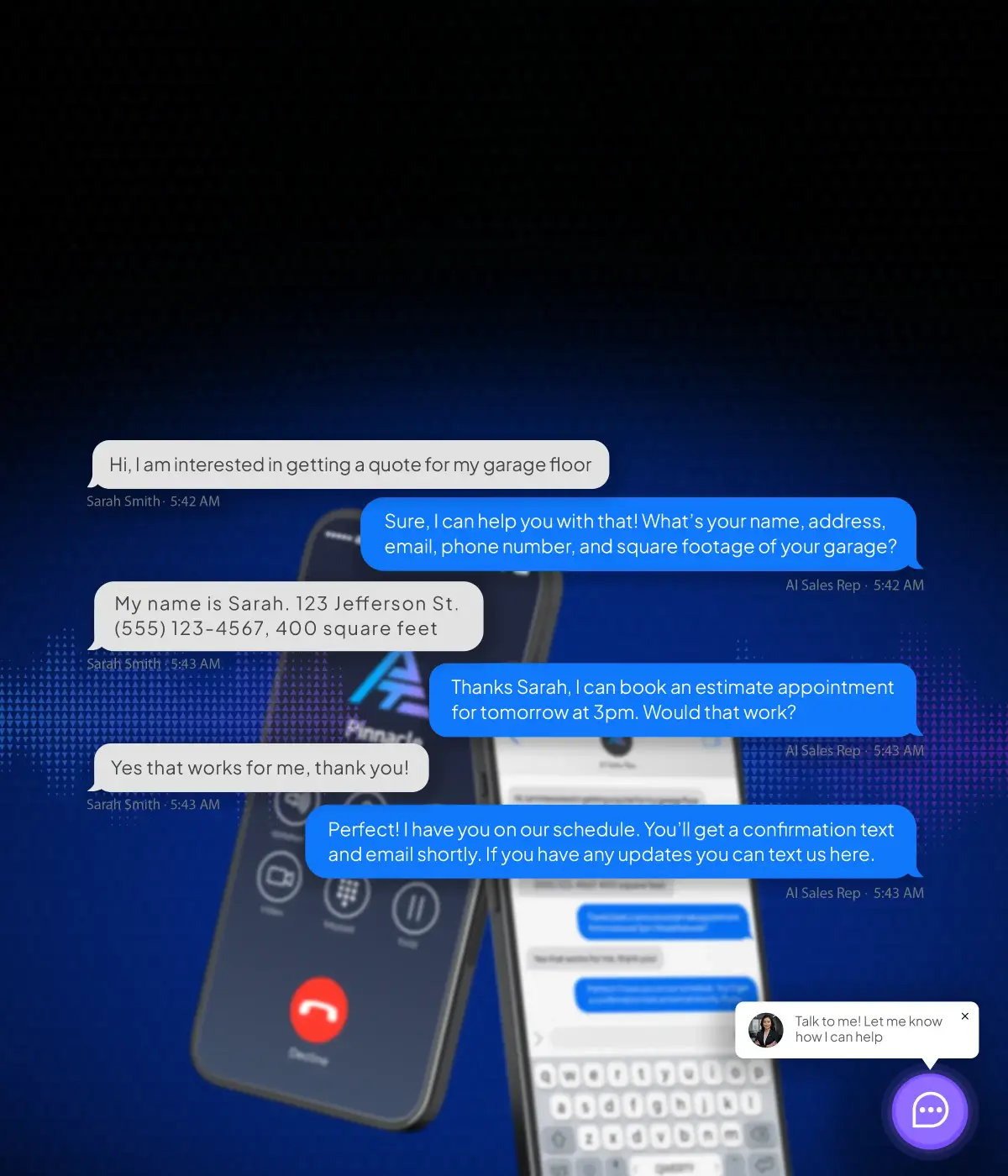 Mobile view of AI sales rep chat booking a garage floor estimate, Pinnacle's Jacksonville automated lead nurture engine