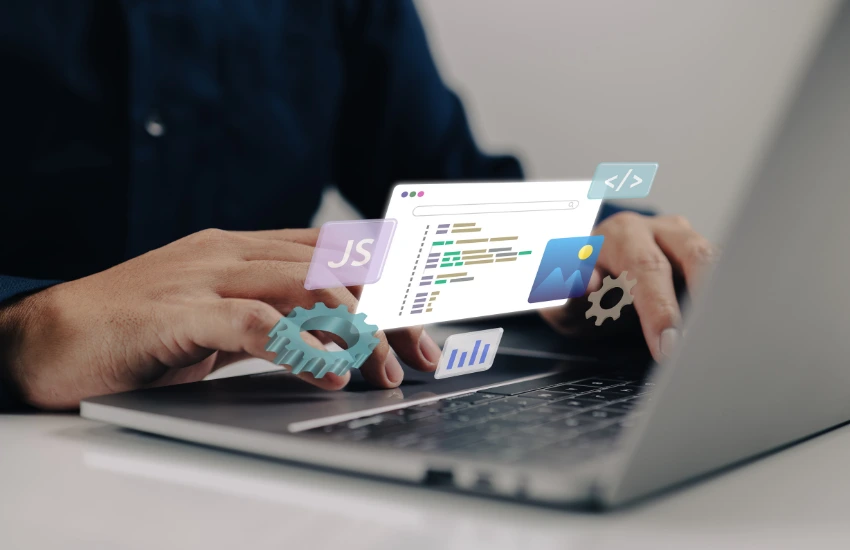 Hands typing on laptop with floating code, gear, and image icons, illustrating proven digital marketing strategies on the blog