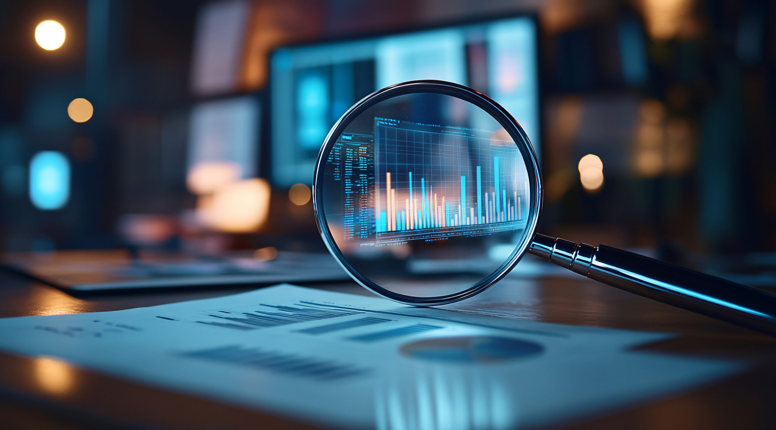 Magnifying glass zooming in on bar charts and analytics reports for Jacksonville digital marketing strategy sessions