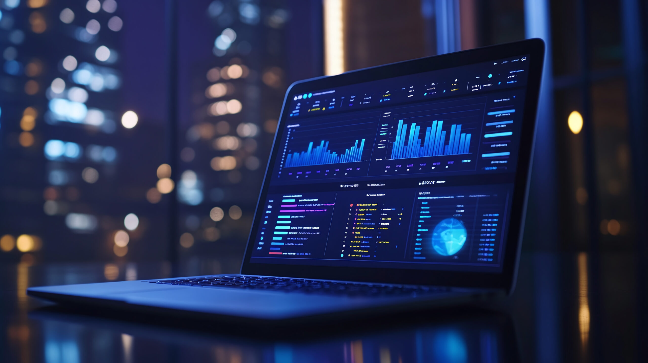 Laptop displaying colorful analytics dashboards against a city skyline at night for Jacksonville digital marketing reporting