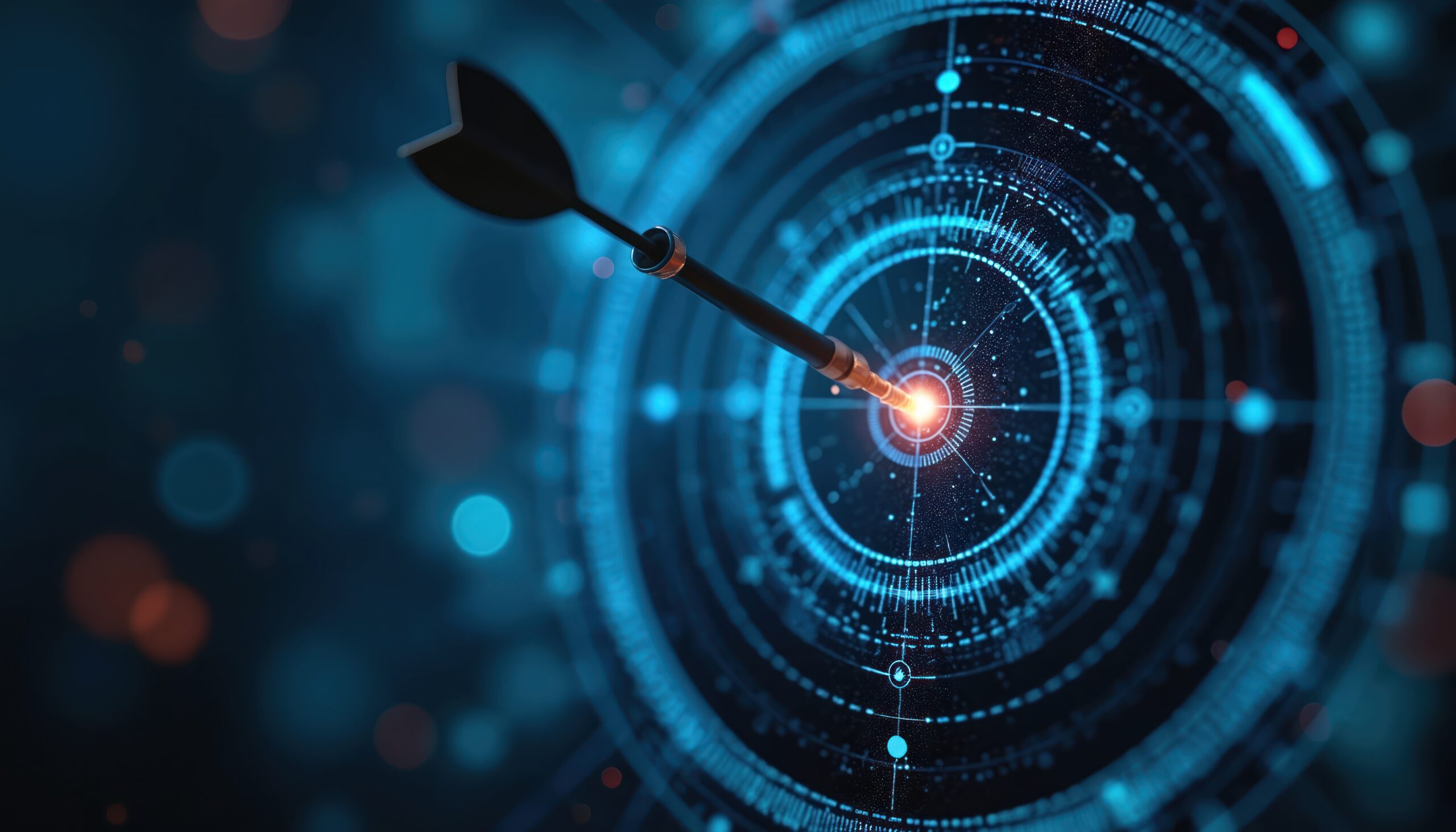 Dart hitting the center of a glowing blue digital target, representing precision in Oak Lawn digital marketing optimization