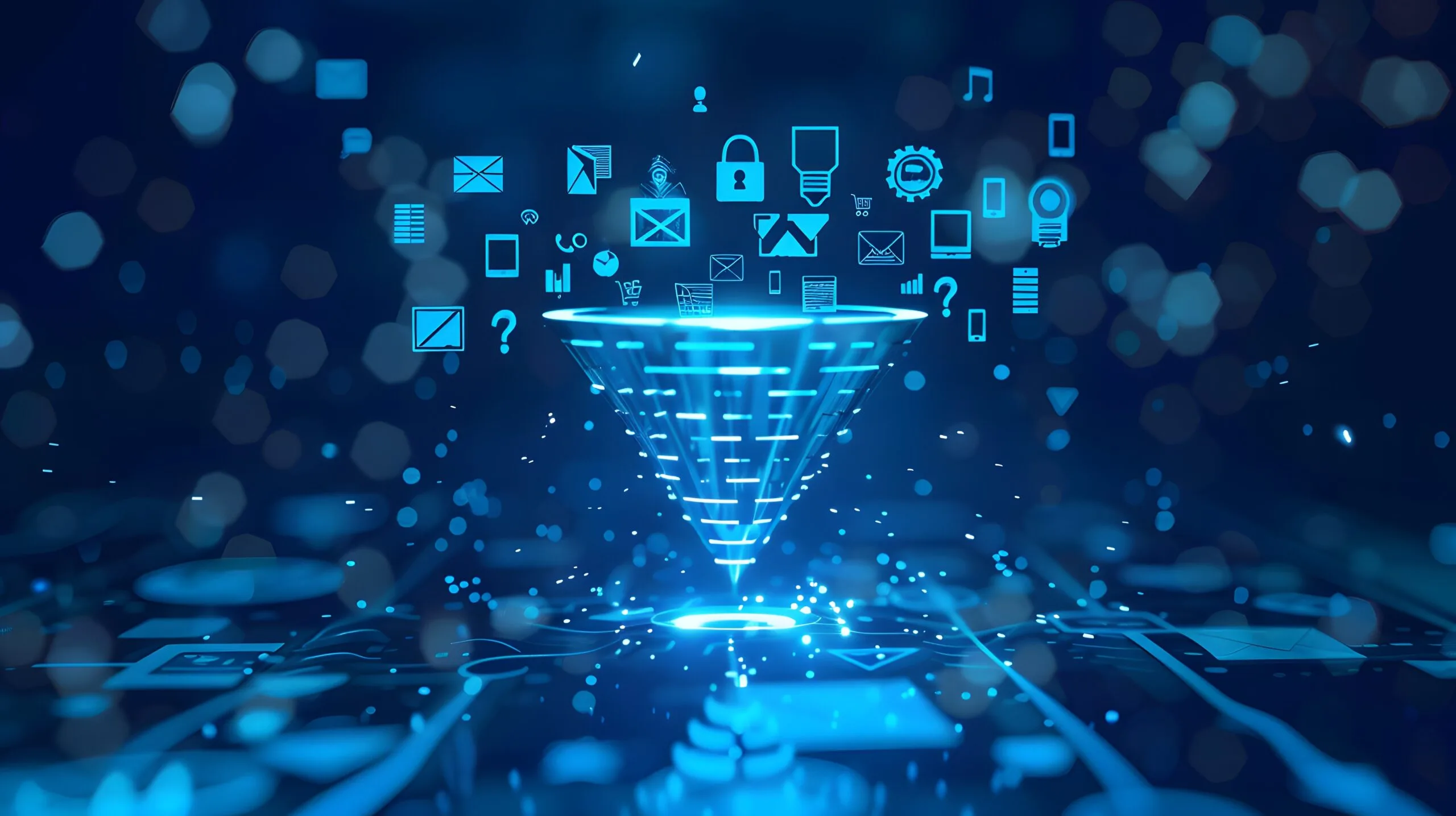 Glowing blue digital funnel pulling in marketing icons, representing Jacksonville digital marketing growth plans
