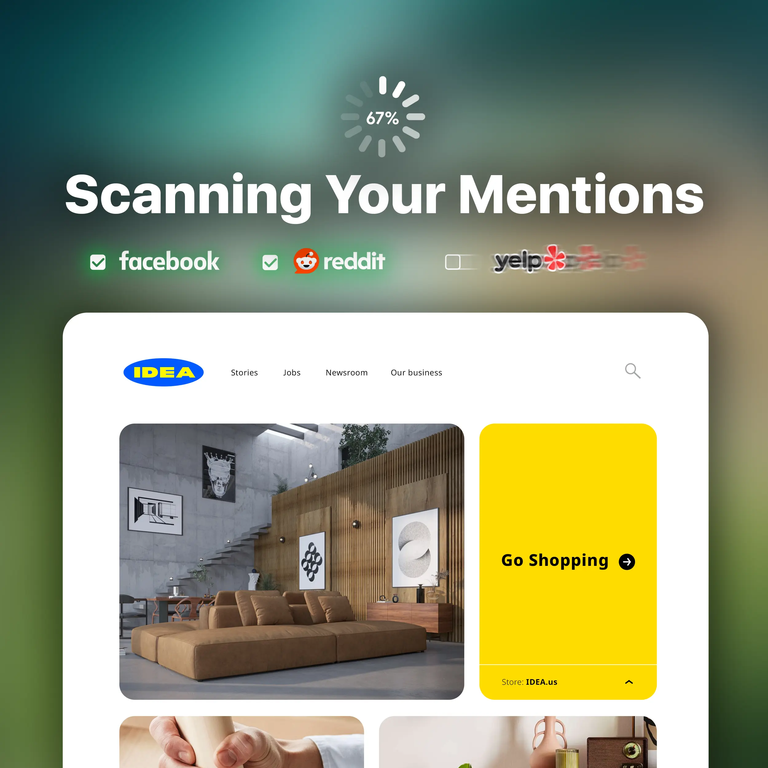 Website audit tool scanning brand mentions across Facebook, Reddit, and Yelp with IDEA furniture store preview